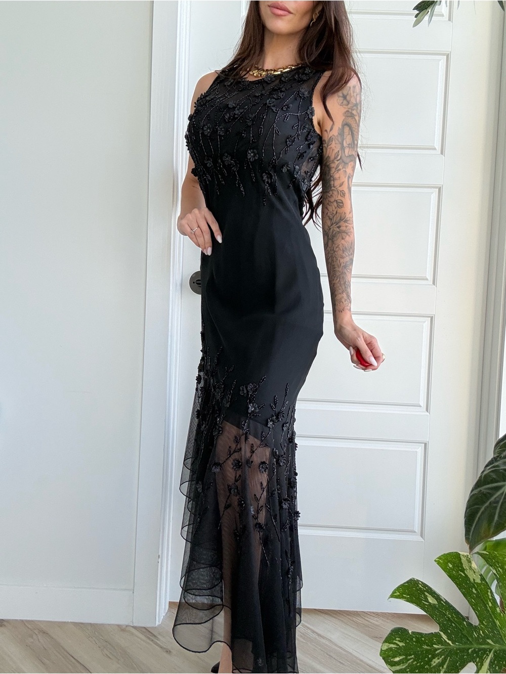 Rare Cache whimsical Fairy Beaded Floral Aplique Asymmetrical Maxi Silk Dress